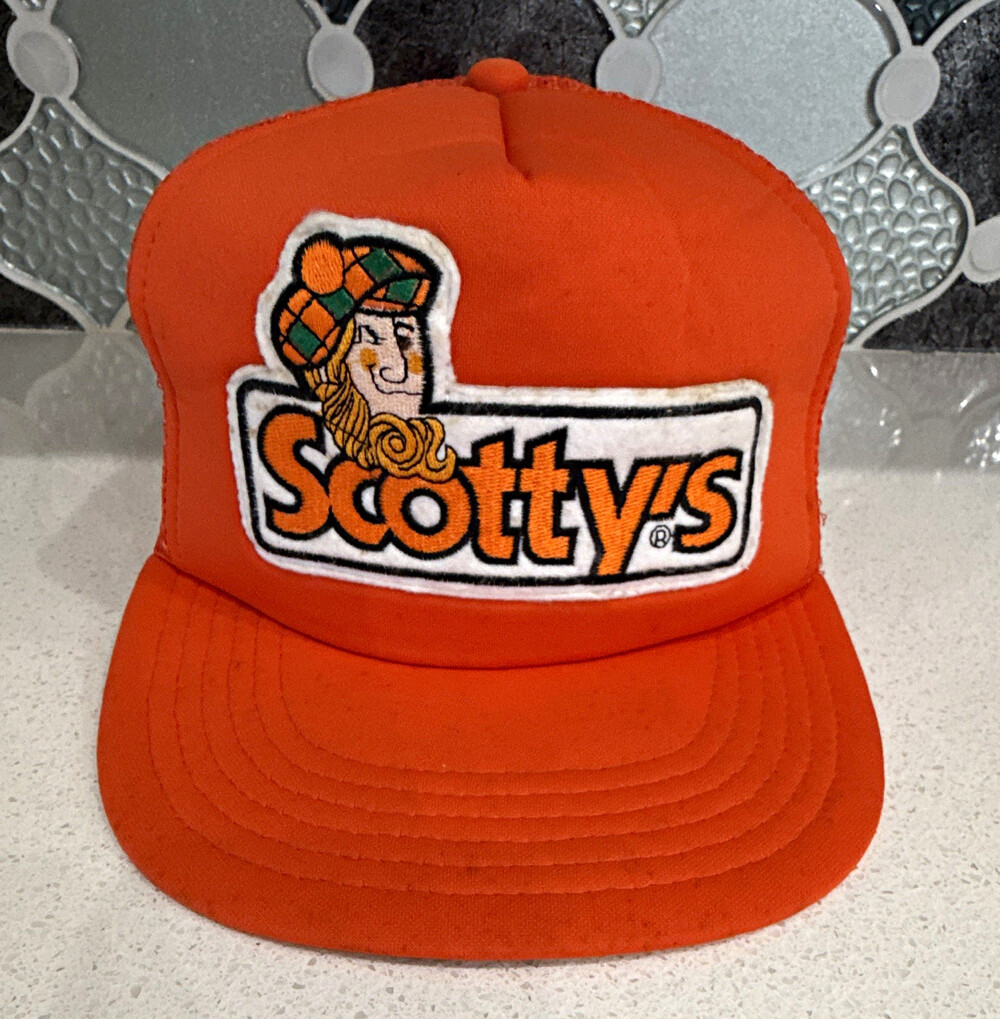 Vintage Scotty’s Hardware Trucker Hat Orange Mesh Snapback Logo Cap Florida